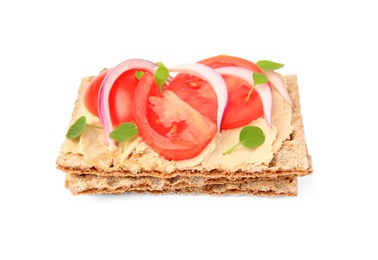 Photo of Fresh crunchy crispbreads with pate, tomatoes, red onion and greens isolated on white