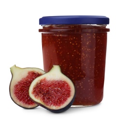 Photo of Homemade delicious fig jam and fresh fruits on white background