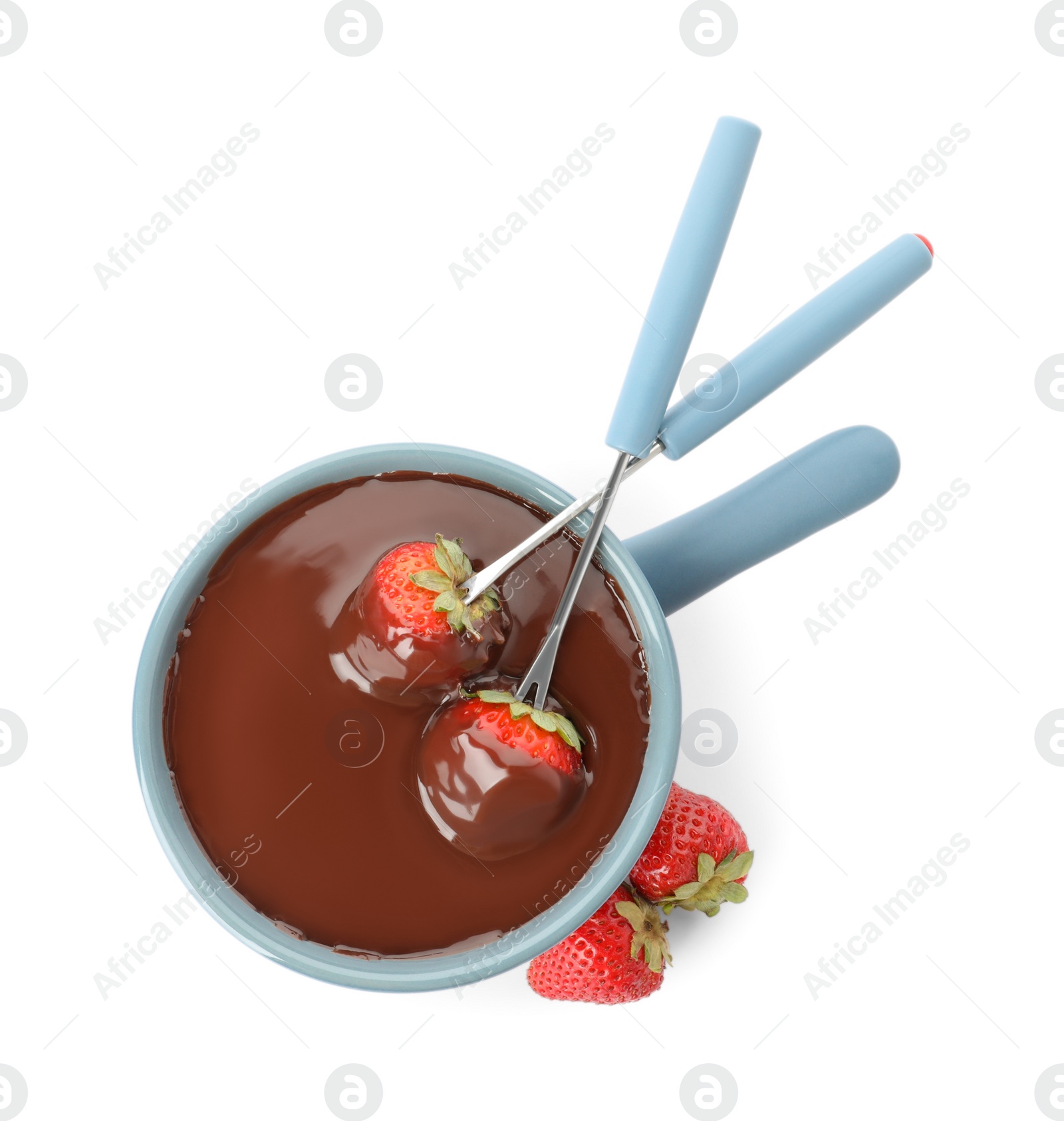 Photo of Fondue pot with chocolate and fresh strawberries isolated on white, top view