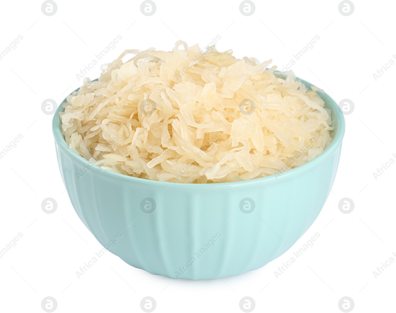 Photo of Bowl of tasty sauerkraut on white background