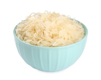 Photo of Bowl of tasty sauerkraut on white background