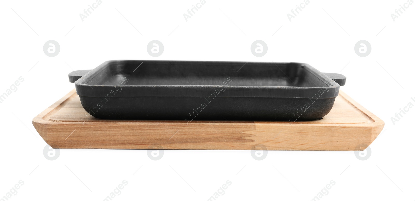 Photo of Baking dish and wooden board isolated on white. Cooking utensils
