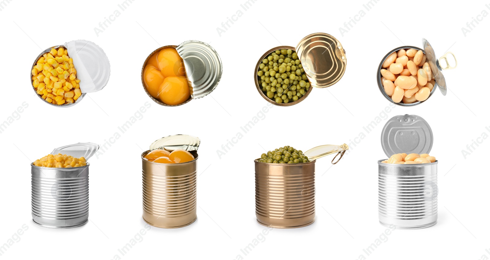 Image of Set of different canned food on white background. Banner design