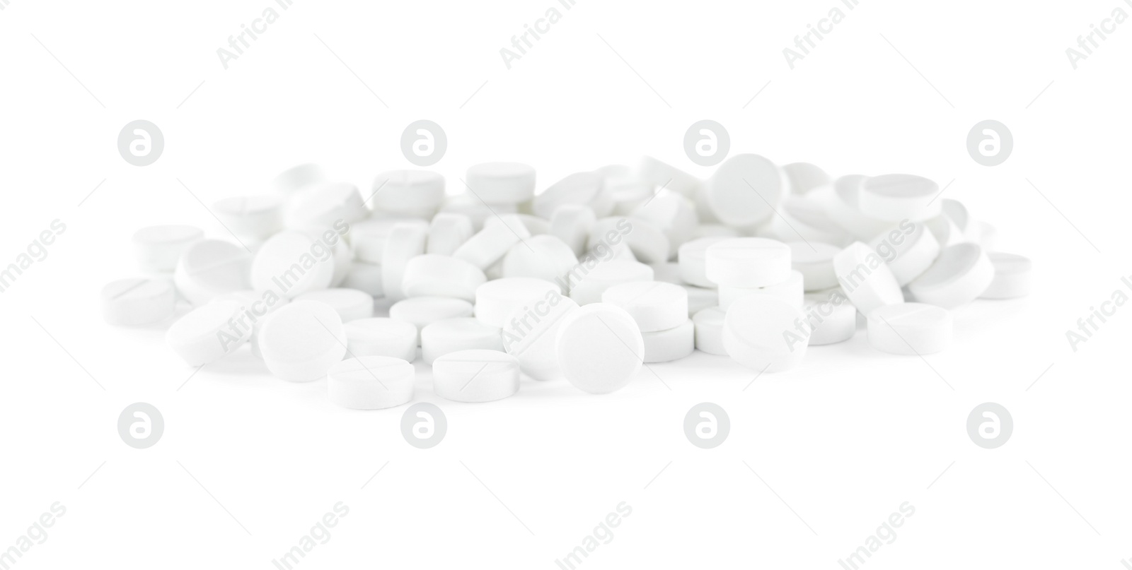 Photo of Pile of pills on white background. Medical treatment