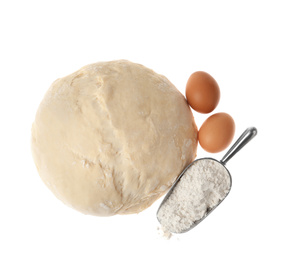 Raw dough and ingredients for pastries isolated on white, top view