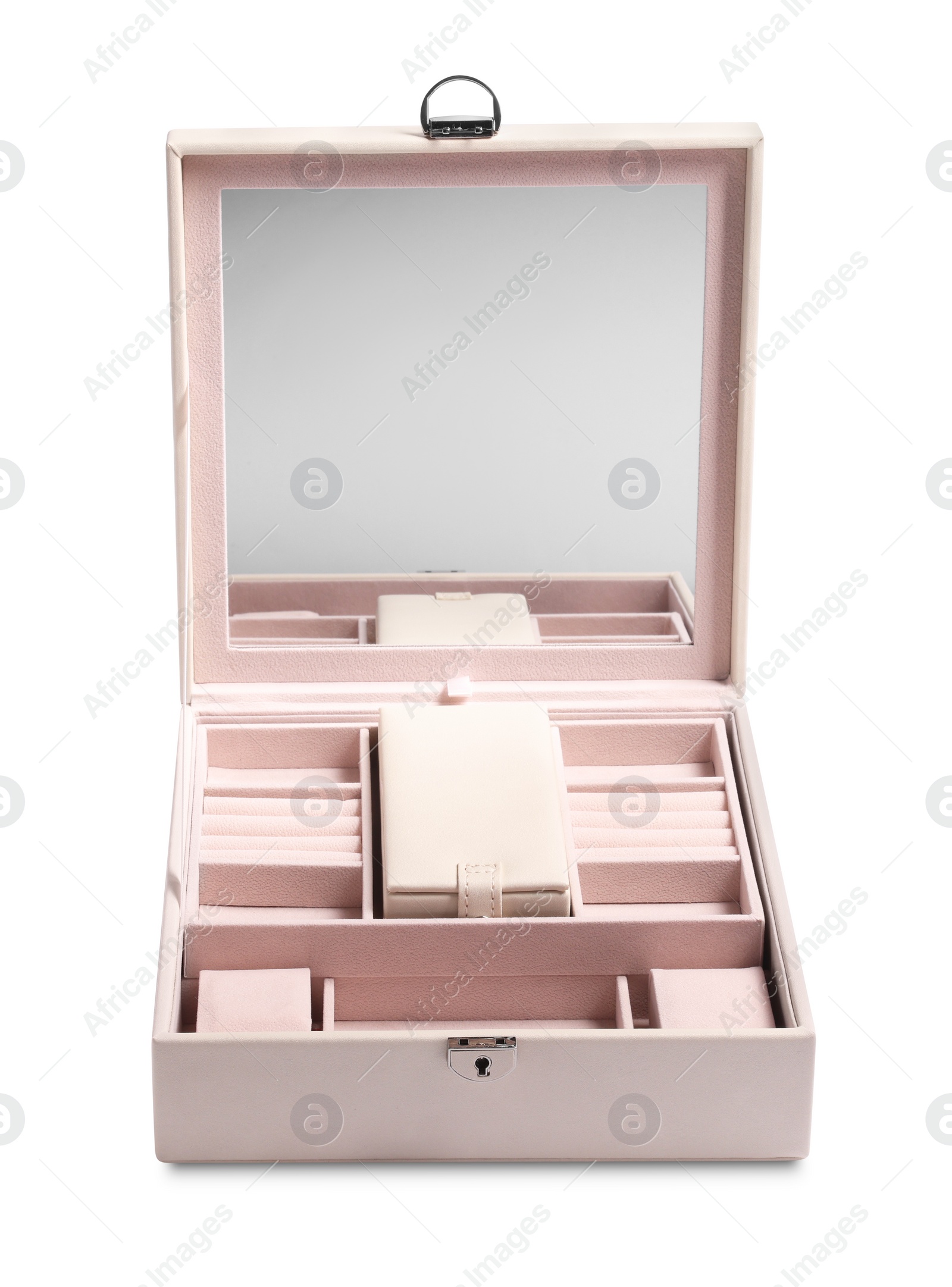 Photo of One empty jewelry box with mirror isolated on white