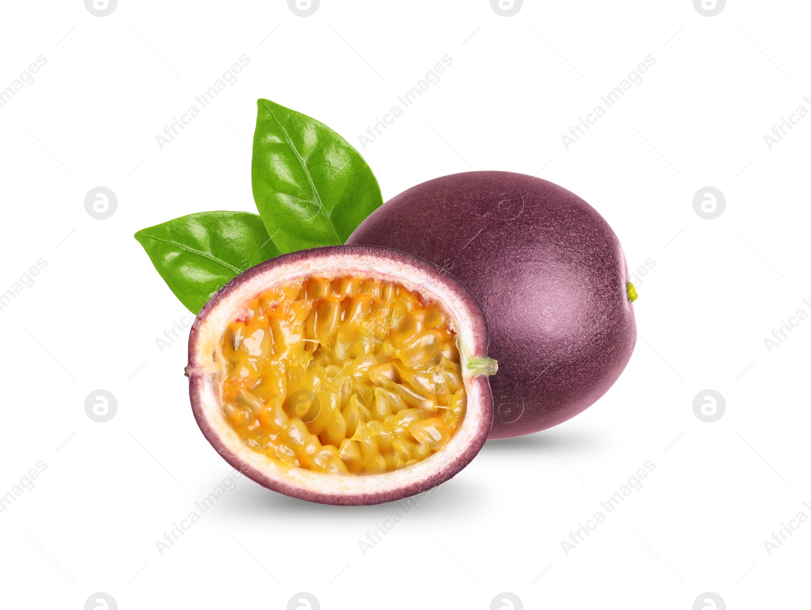 Image of Delicious ripe passion fruits and green leaves on white background