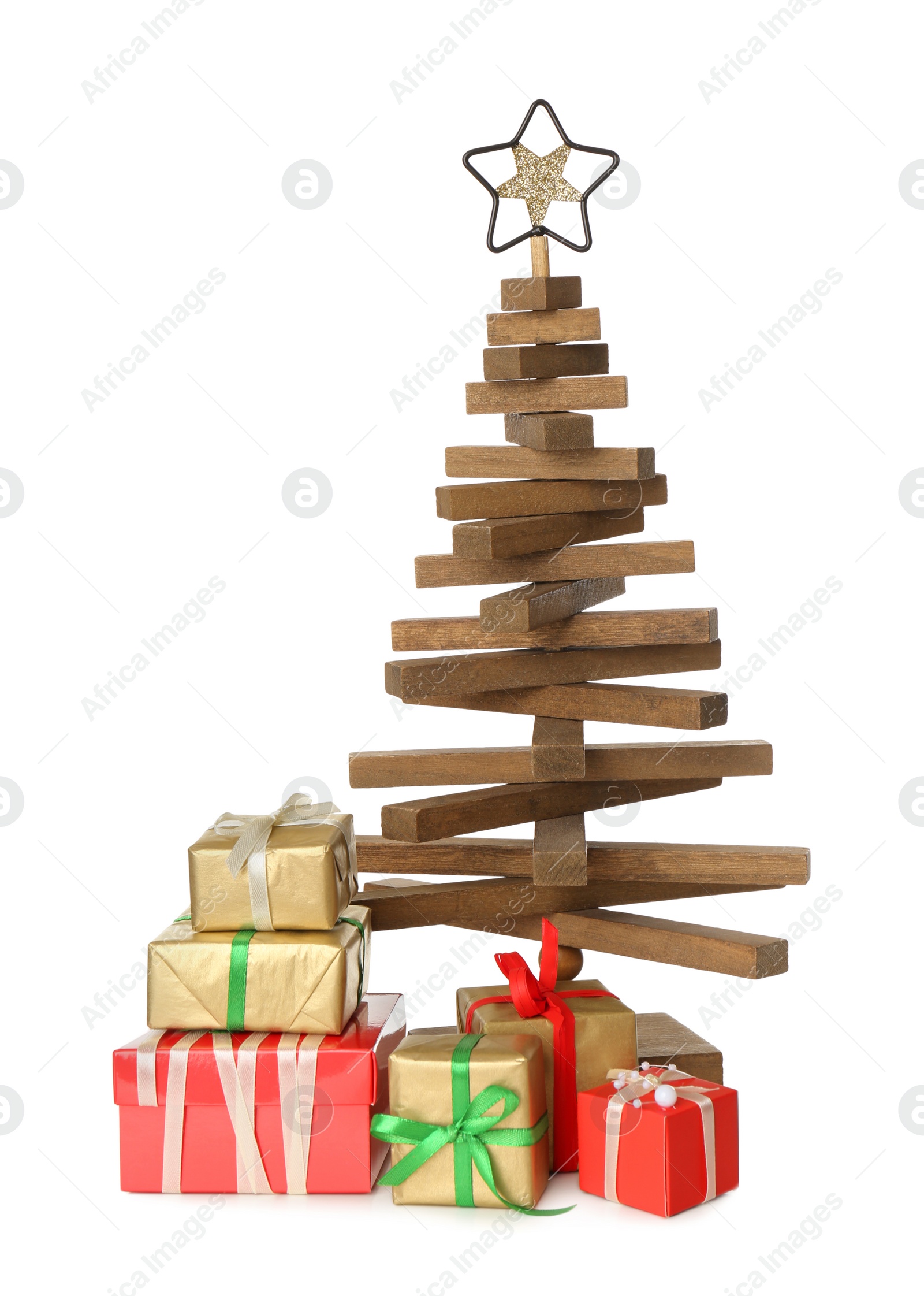 Photo of Decorative wooden Christmas tree with gift boxes on white background