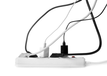 Photo of Extension cord on white background. Electrician's professional equipment