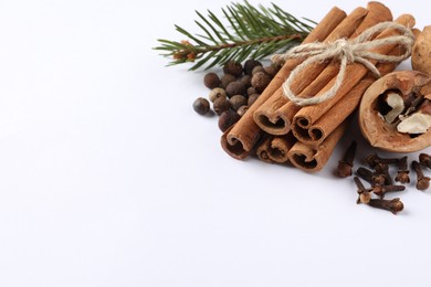 Photo of Different spices, nuts and fir branch on white table, space for text