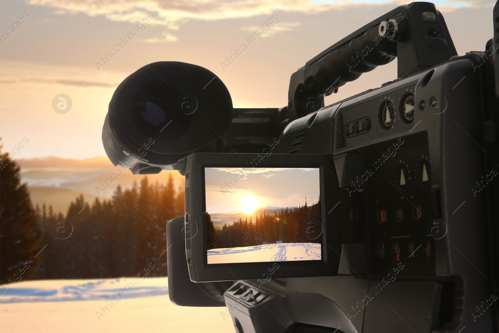 Image of Recording beautiful view of snowy forest on professional video camera