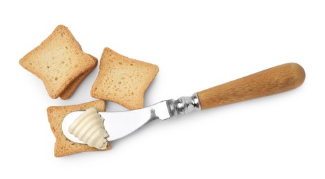 Butter curl, knife and pieces of dry bread isolated on white, top view