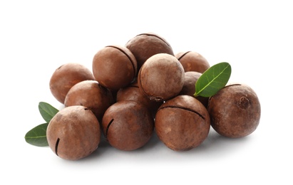Photo of Pile of organic Macadamia nuts on white background