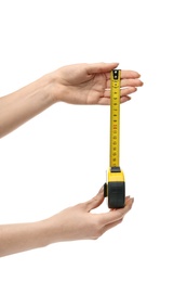 Woman with measuring tape on white background