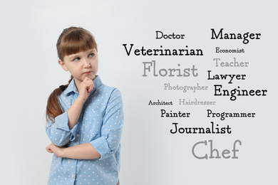 Image of Thoughtful little girl choosing profession on light background