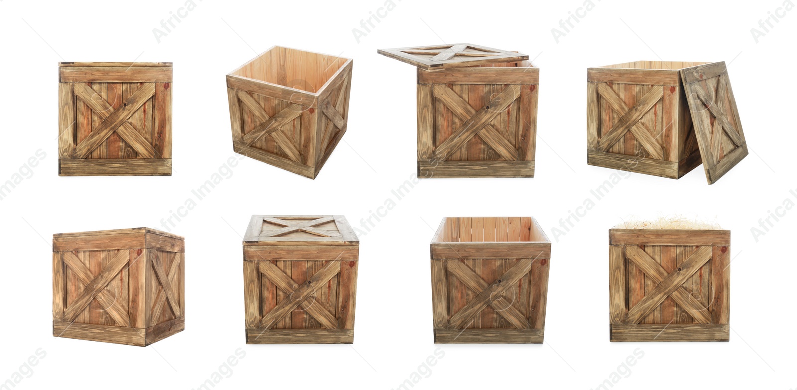 Image of Set of old wooden crates on white background