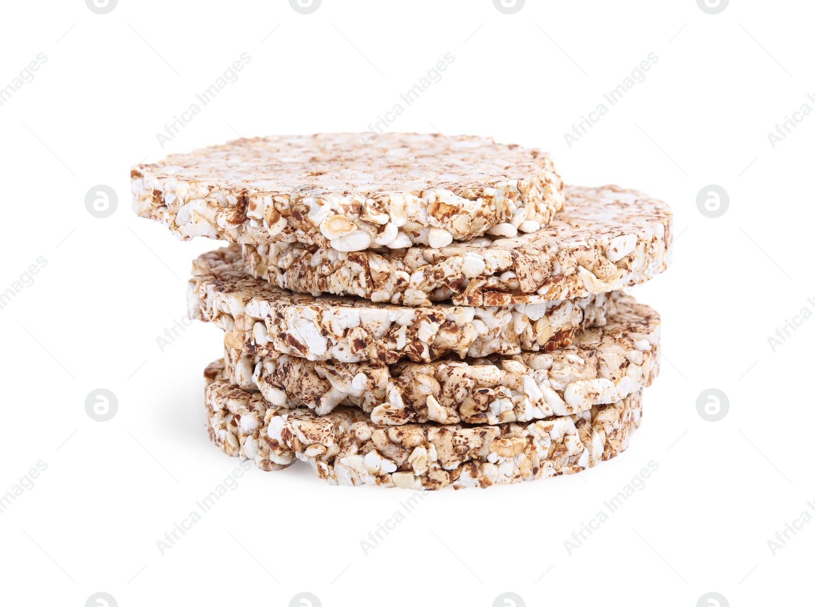 Photo of Stack of crunchy buckwheat cakes on white background