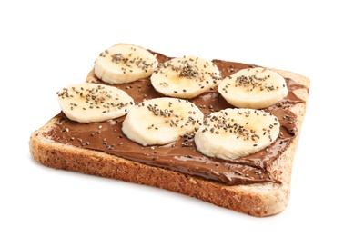 Slice of bread with chocolate paste and banana on white background