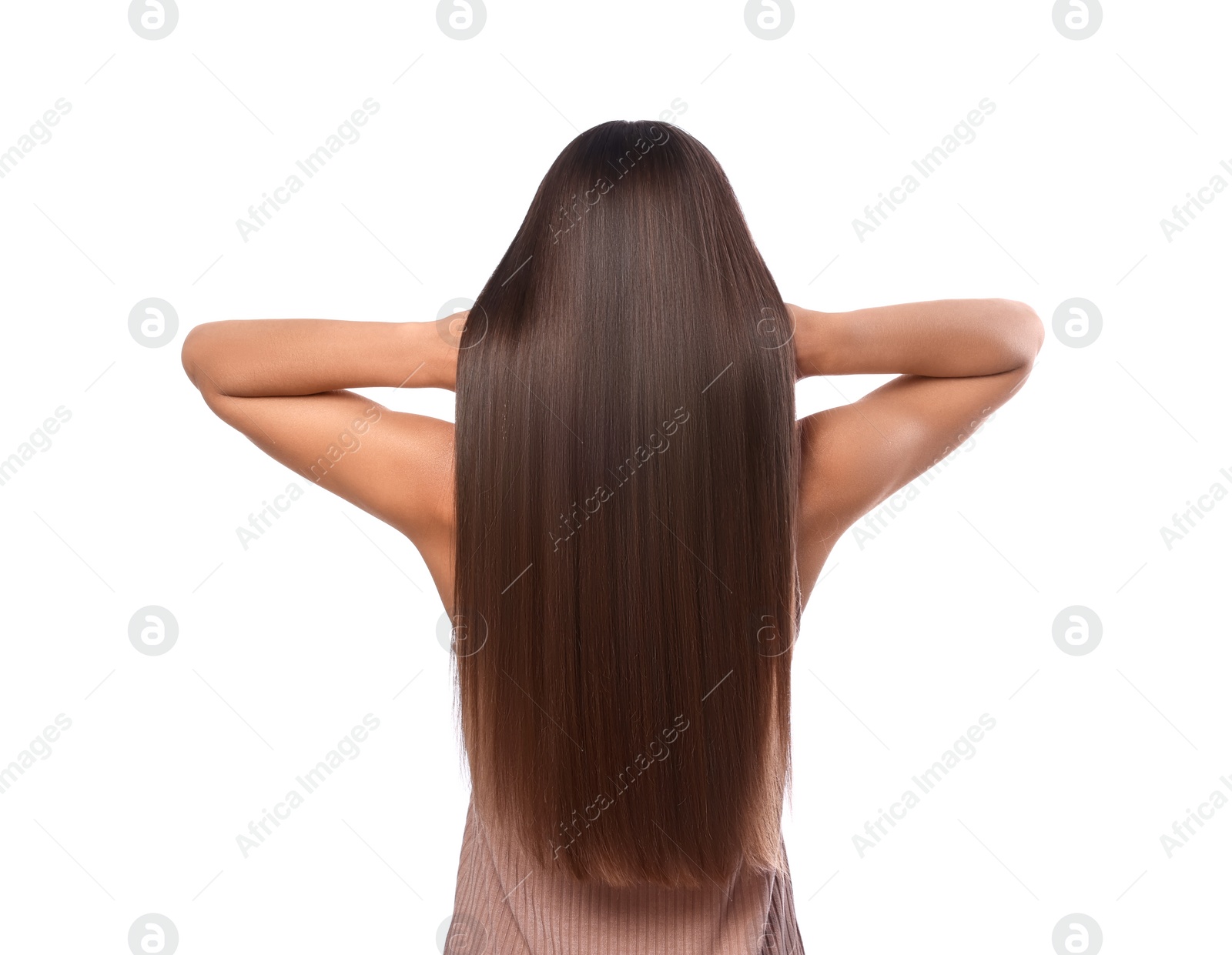 Photo of Hair styling. Woman with straight long hair on white background, back view