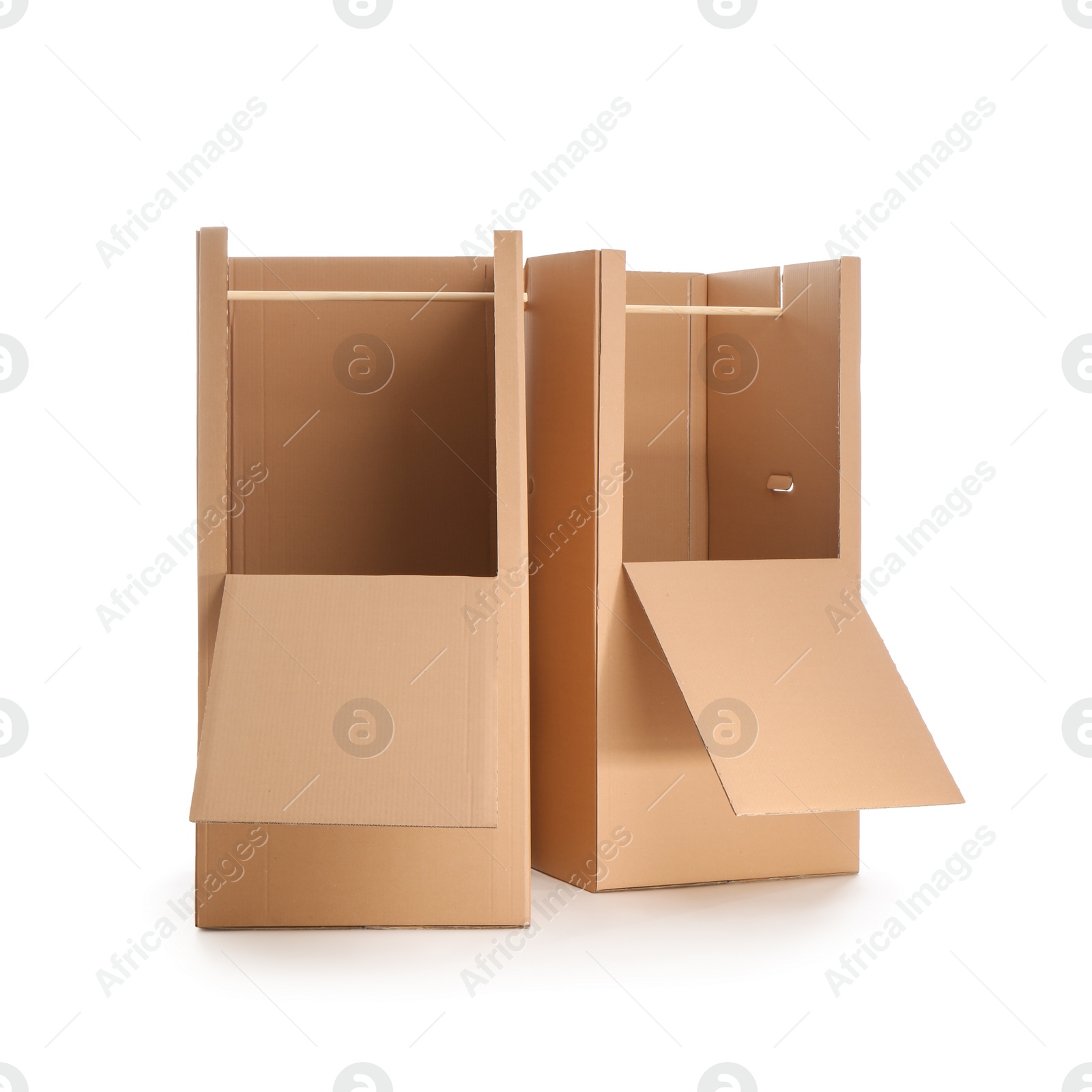 Photo of Empty cardboard wardrobe boxes on white background