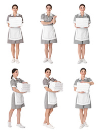 Collage with photos of chambermaid on white background