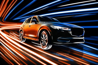Image of Black modern car and speed light trails, motion blur effect
