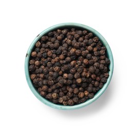 Photo of Aromatic spice. Many black peppercorns in bowl isolated on white, top view