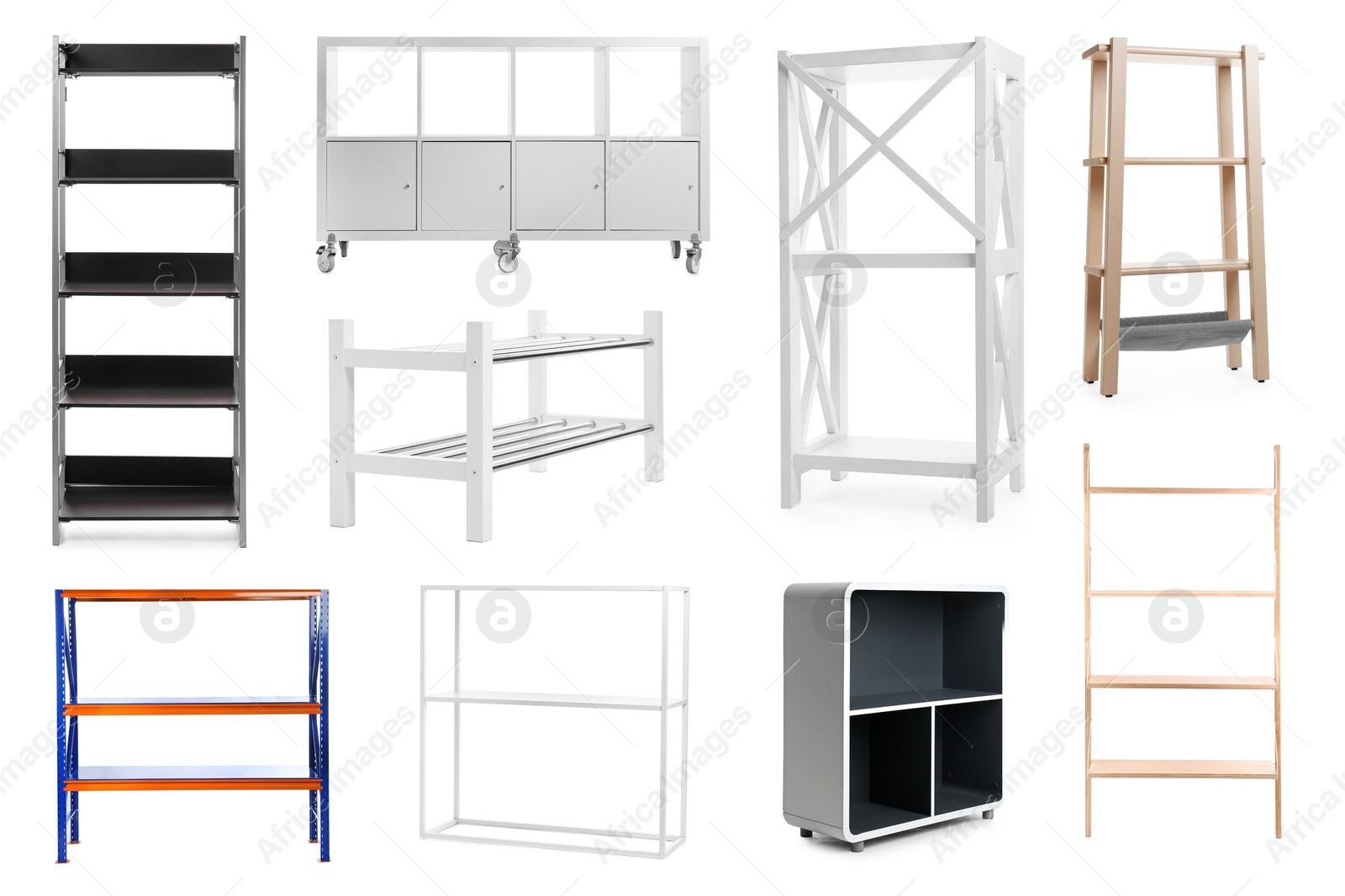 Image of Set with empty shelving units on white background