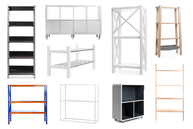 Image of Set with empty shelving units on white background