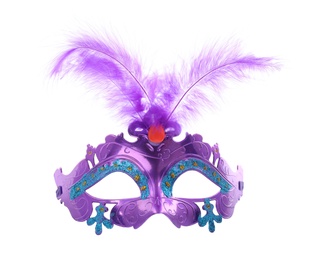 Photo of Beautiful purple carnival mask with feathers isolated on white