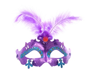 Beautiful purple carnival mask with feathers isolated on white