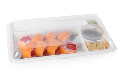 Food delivery. Delicious sushi rolls with soy sauce, ginger, wasabi and chopsticks in plastic container isolated on white