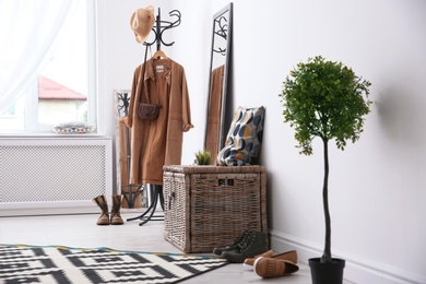 Stylish hallway interior with mirror and rack