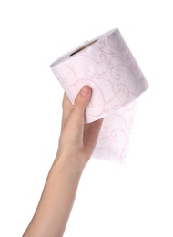 Photo of Woman holding roll of toilet paper on white background. Personal hygiene