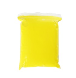 Photo of Package of yellow play dough isolated on white, top view