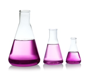 Conical flasks with purple liquid on white background