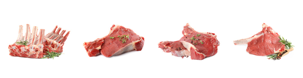 Image of Set with raw meat on white background. Banner design  