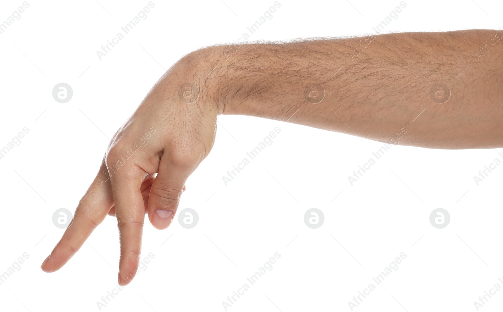 Photo of Man imitating walk with hand on white background, closeup. Finger gesture