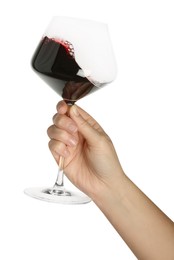 Woman with glass of wine on white background, closeup