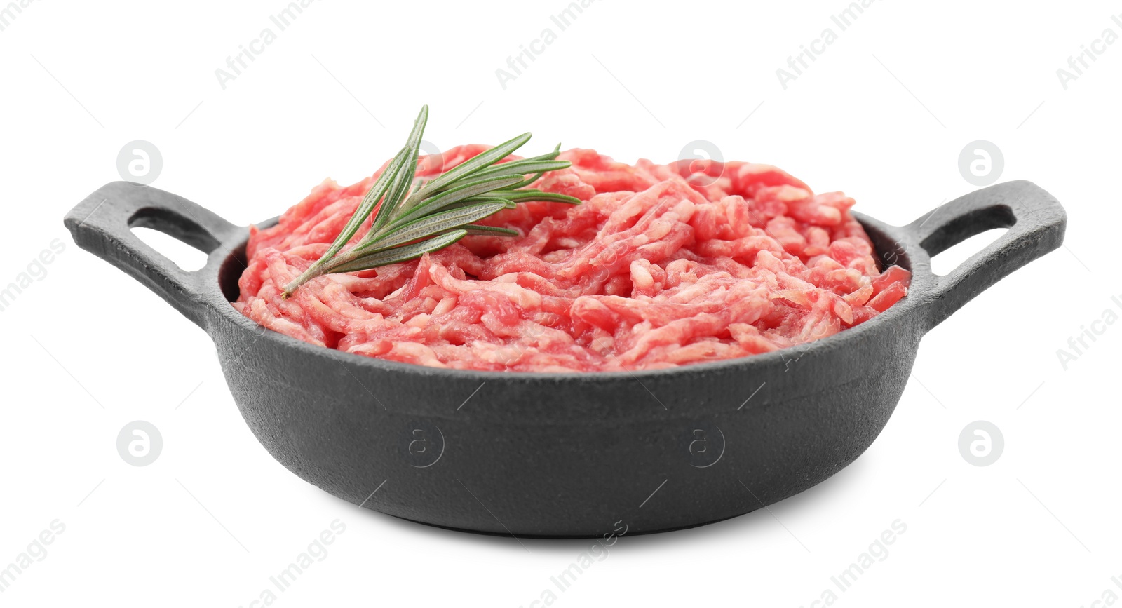 Photo of Raw ground meat and rosemary in bowl isolated on white