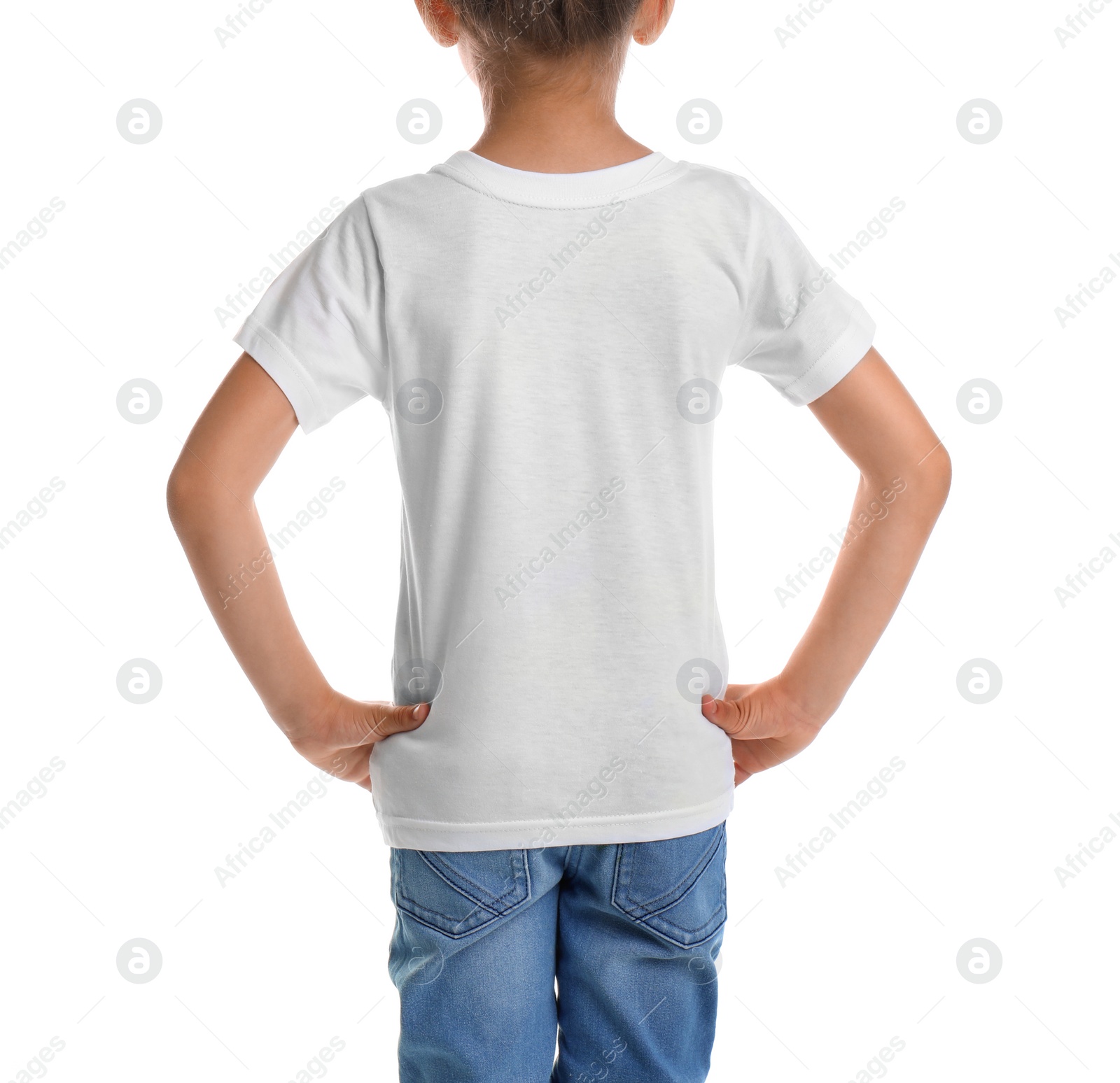 Photo of Little girl in t-shirt on white background. Mockup for design