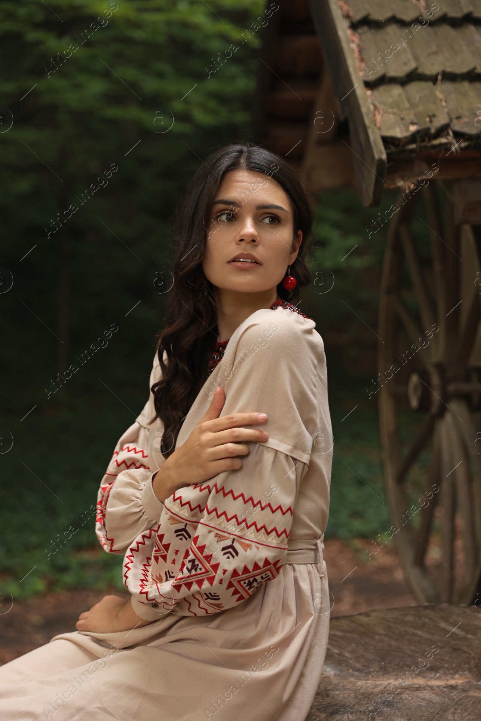 Photo of Beautiful woman wearing embroidered dress sitting near old wooden well in countryside. Ukrainian national clothes