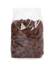 Photo of Breakfast cereal. Tasty chocolate corn pads in bag isolated on white