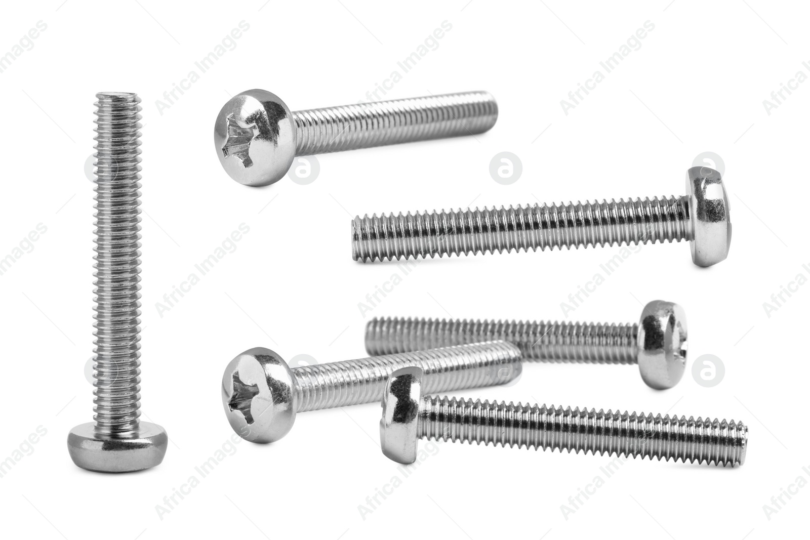 Image of Set with metal screw bolts on white background