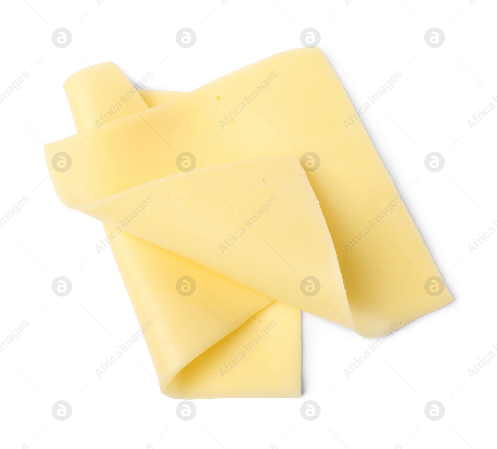 Photo of Slices of tasty fresh cheese isolated on white, top view