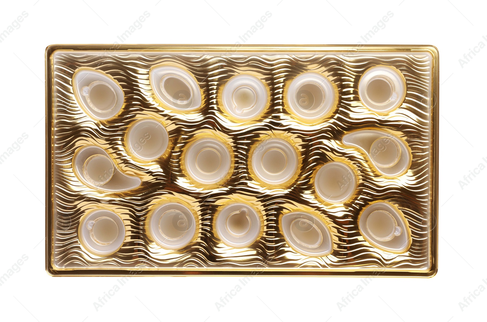 Photo of Empty box of chocolate candies isolated on white, top view