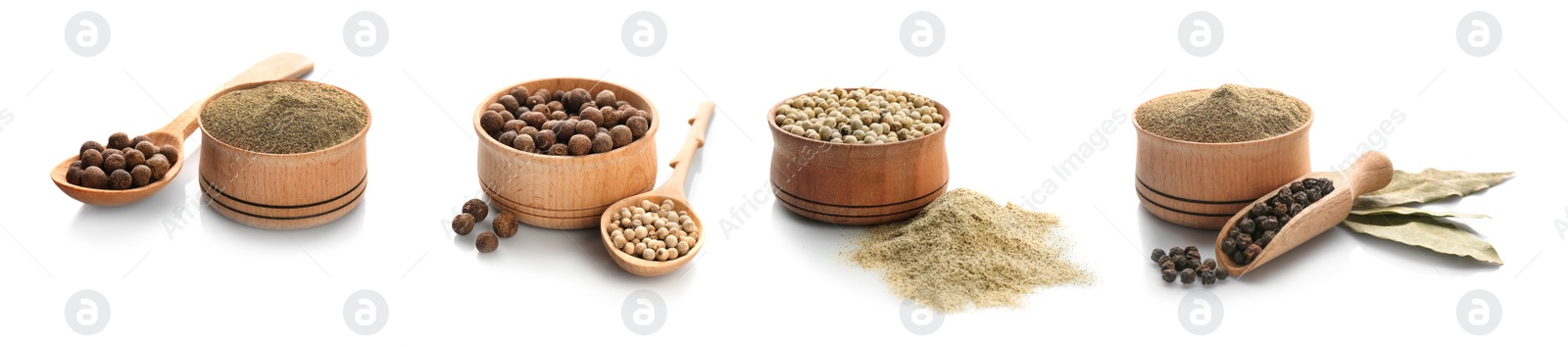 Image of Set with different peppercorns and pepper powders on white background. Banner design 