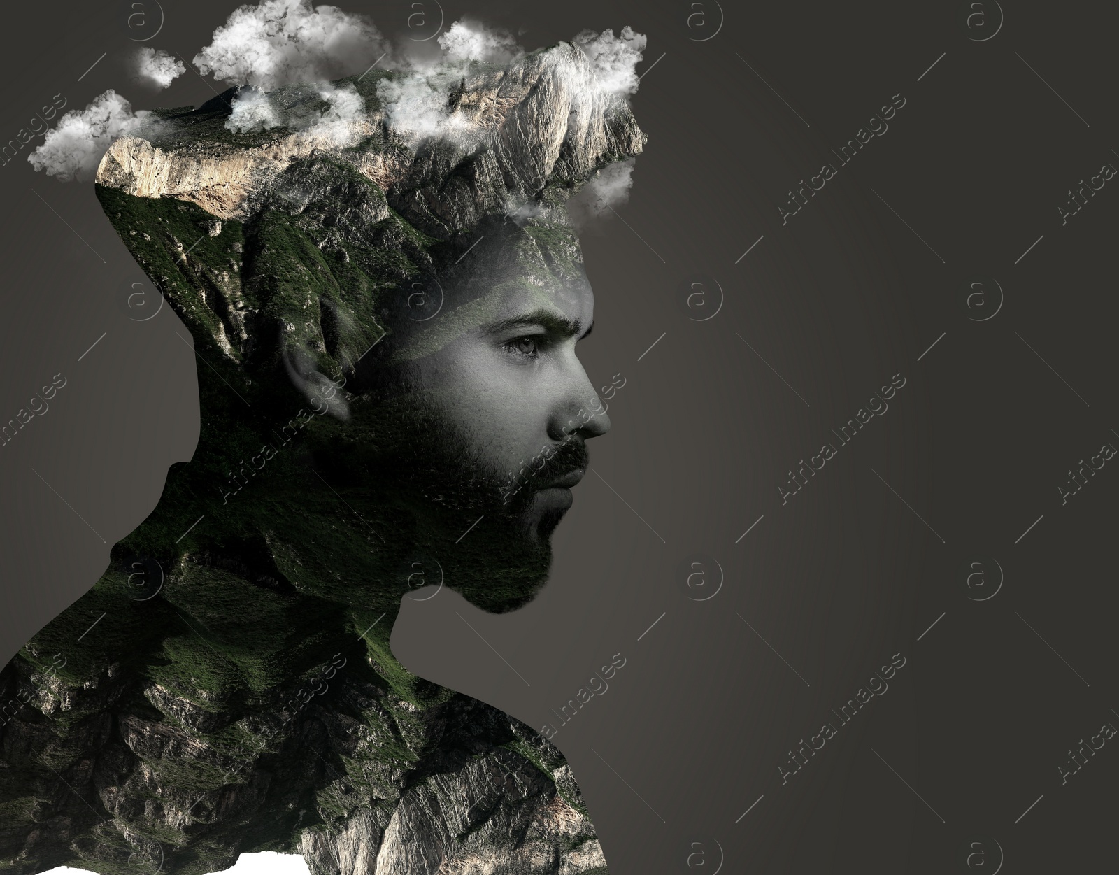 Image of Double exposure of handsome man and mountains