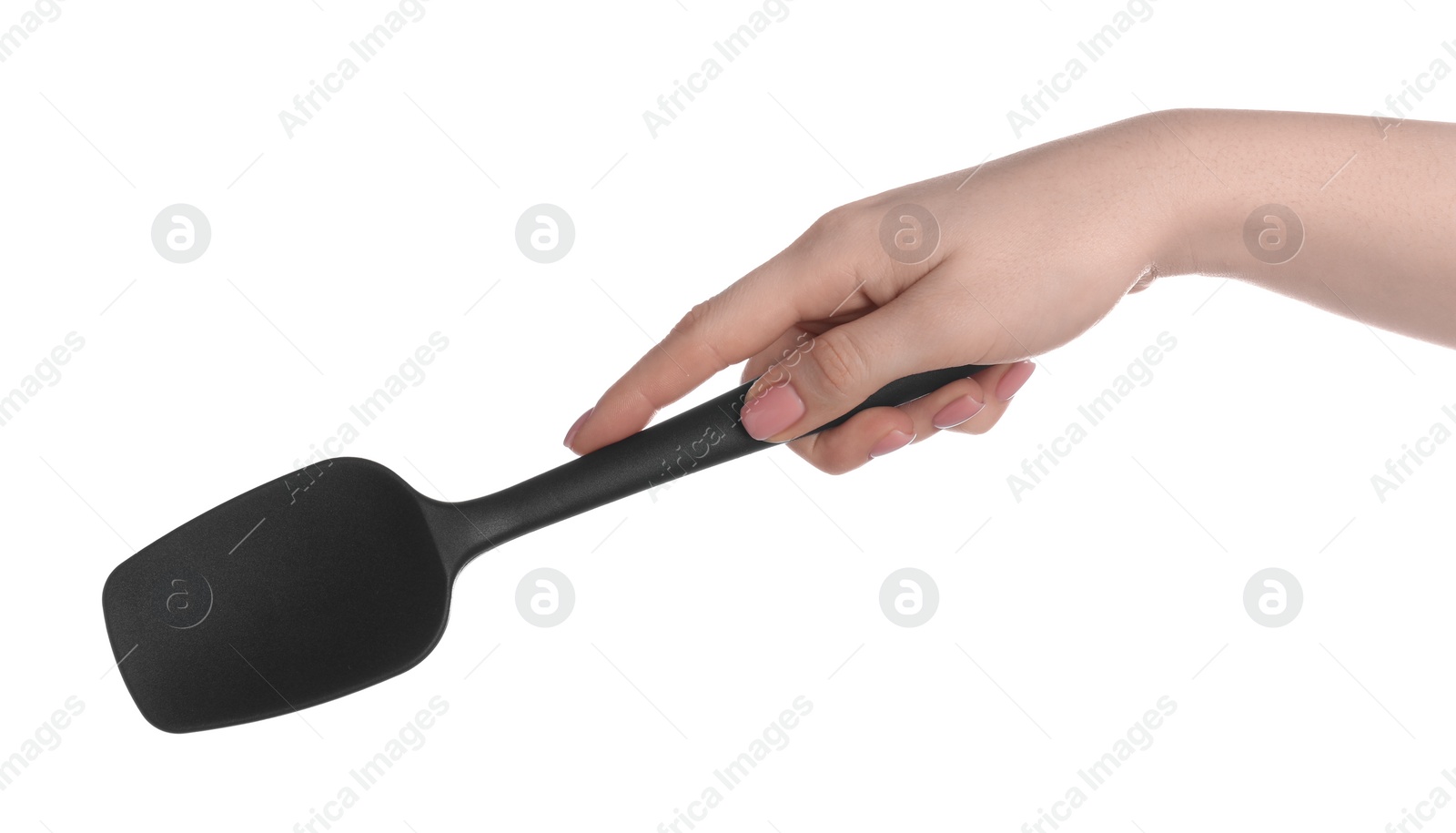 Photo of Woman with black spatula on white background, closeup