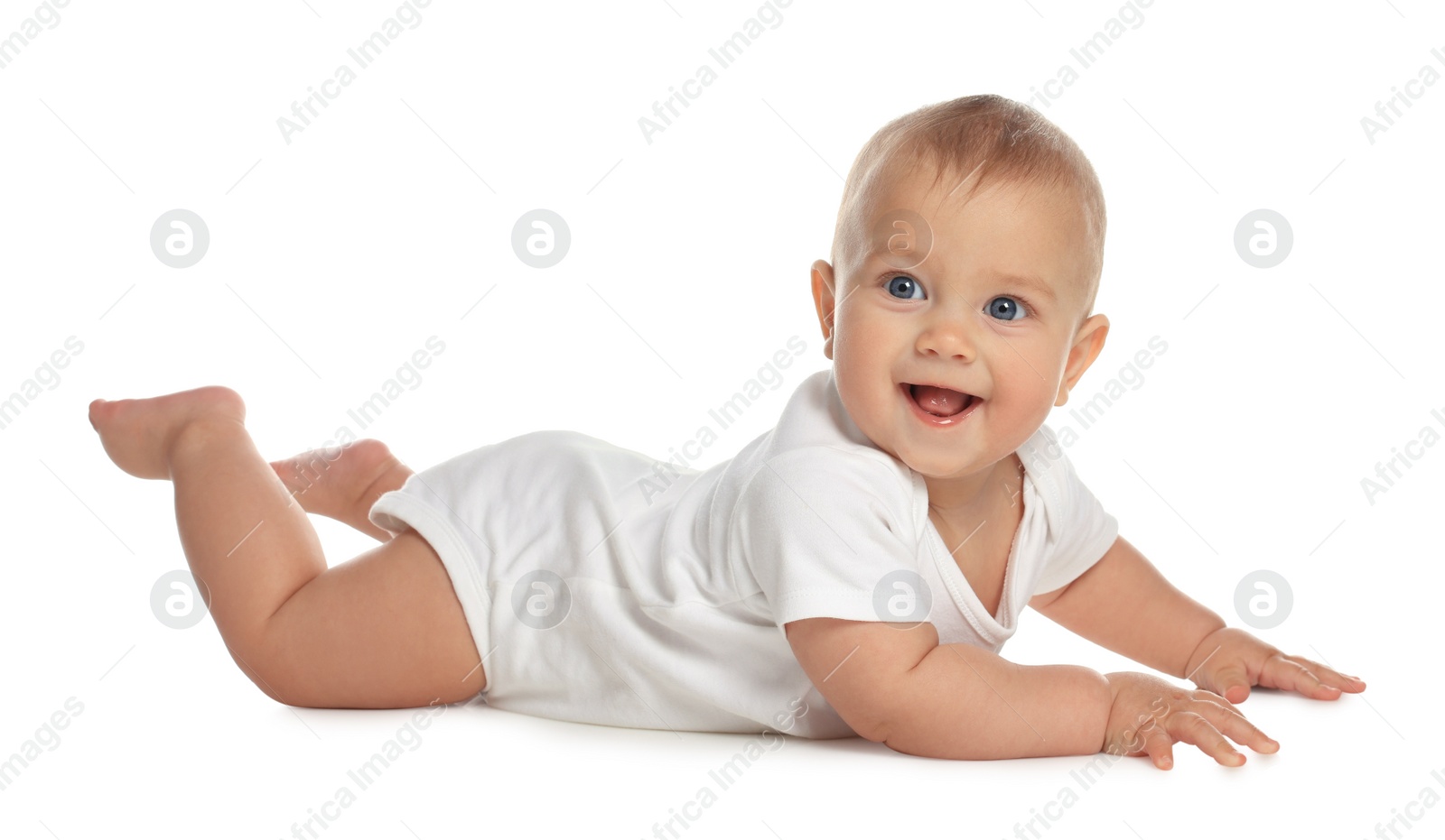 Photo of Cute little baby crawling on white background